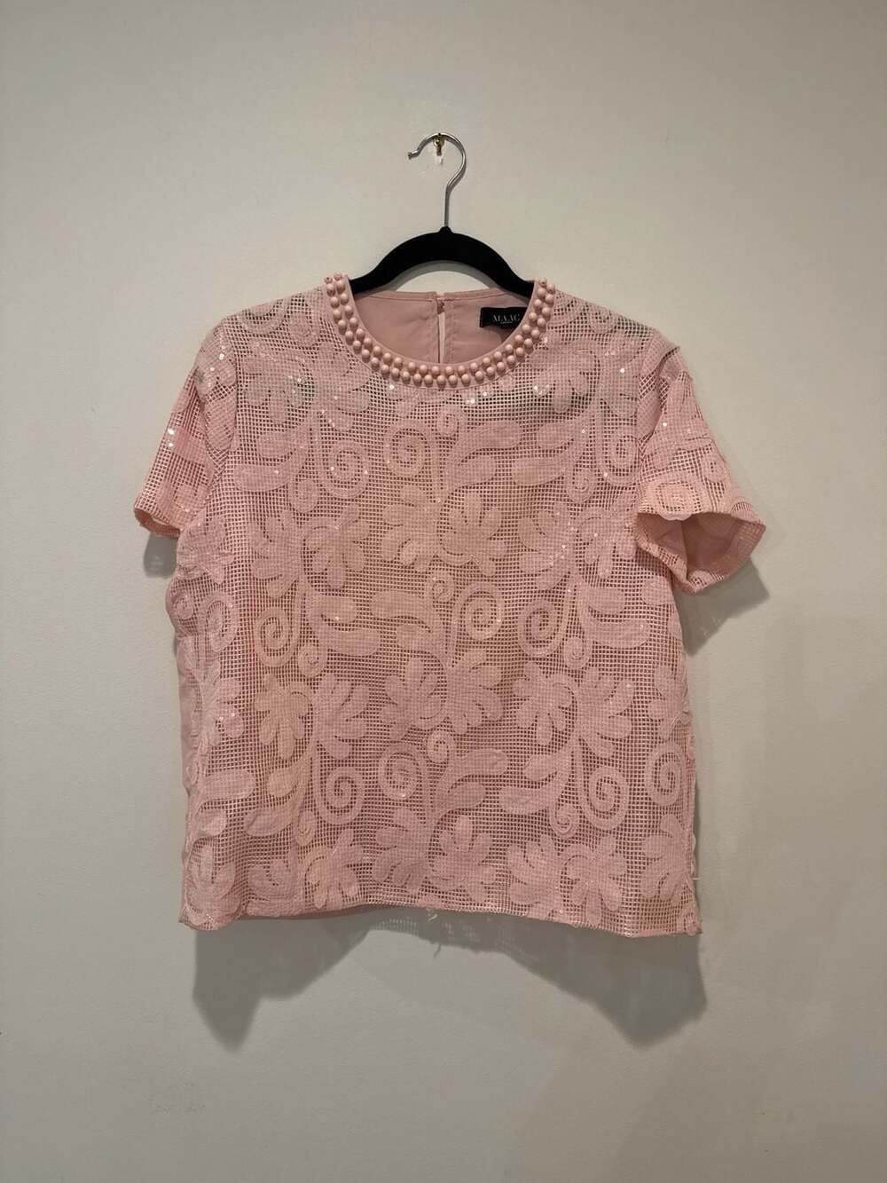MAAC London Pink Floral Lace Sequin Beaded Neckline Blouse Size M